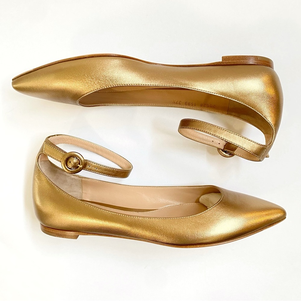 Gianvito Rossi Metallic Gold leather ankle strap pointed toe ballet flats - Picture 5 of 10
